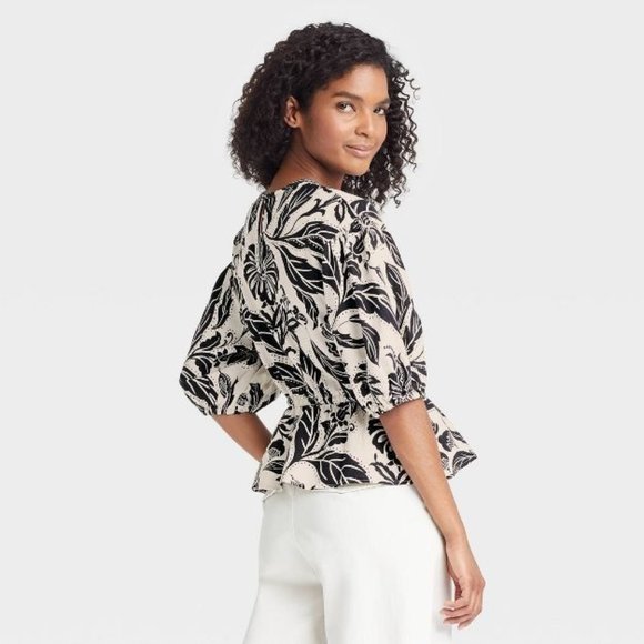 Who What Wear Women's Top Small Linen Half Sleeve Peplum Shirt Floral Print New - Picture 5 of 11